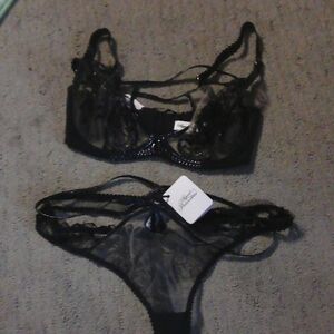 Agent Provocateur Sheer Black Lace Underwire Bra & Thong Set